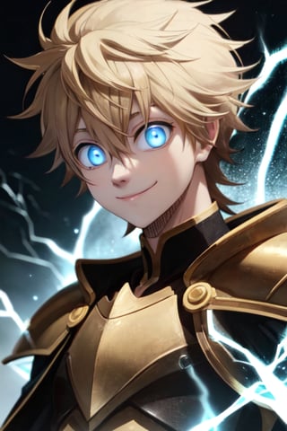 masterpiece, best quality, high quality, 1boy, solo, male focus, looking at viewer, upper body, , luck_voltia, blonde hair, blue eyes, hair between eyes, lighting bolt, glowing eyes, electric background, armor