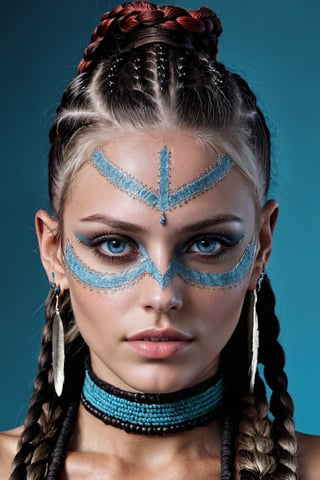 Extremely realistic. photorealistic, masterpiece, hyperdetailed photography portrait of a stunning neo-tribal punk warrior cool beautiful girl, looking at viewer, ((chin_down, v-shaped_eyebrows, white_skin, ear_piercing, blue_eyes, make-up, twin_braids, parted_lips, tribal, multicolored_hair, portrait, dreadlocks, native_american, dark-skinned_female, jewelry, eyeliner, rope, long_hair, looking_at_viewer, facial_mark, facepaint, earrings, hair_behind_ear, beads, necklace, skull_necklace, tattoo)), trending on artstation, anime render, powerful attitude, kawaii fashionista, ultra realistic, high resolution, Extremely Realistic,r4w photo,photo r3al
