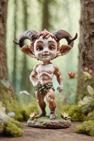 Insanely detailed and realistic porcelain figurine. Hand painted miniature of an insanely handsome faun.  (full body:1.3). Enchanted forest. Dynamic pose. Anatomically correct, 16k resolution. Museum collection masterpiece, realistic Tilt shift effect photograph, 3D Chibi Figure,photo r3al