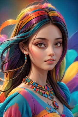 young and beautiful girl in a colorful world, walking gracefully. Every detail of the girl's face is meticulously portrayed, creating an incredibly lifelike depiction, rendered with astonishing 16k resolution, 3d render