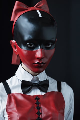 a close up of a woman wearing a bow tie, a character portrait, by Jason Teraoka, trending on cg society, neo-figurative, red and black robotic parts, nun fashion model, porcelain japanese mannequins, white hime cut hairstyle, harnesses and garters, official product photo, blindfold, maid outfit, latex, anime figurine, vibrant darkness