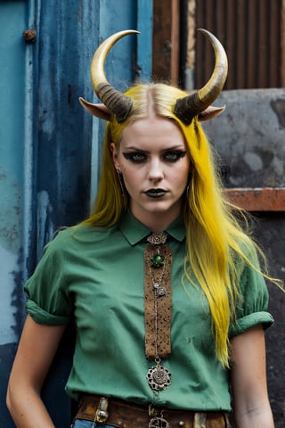 Grunge style, textured, vintage, edgy, grunge rock vibe, dirty, noisy, a girl with horns, a girl in a green shirt and long yellow hair laying outside, in the style of eclectic montage, indigo and brown, metalwork jewelry, flower power, gray and brown, photographic source, detailed costumes, the setting is a urban background. Street photograph, (graffiti:1.3),Realism,Epicrealism,Enhance,Details,Beautification,Landskaper,photo r3al