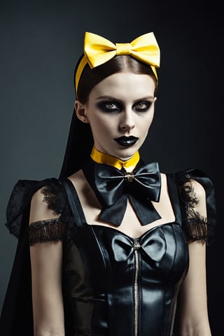 a close up of a woman wearing a bow tie, a character portrait, by Jason Teraoka, trending on cg society, neo-figurative, yellow and black robotic parts, nun fashion model, porcelain japanese mannequins, white hime cut hairstyle, harnesses and garters, official product photo, blindfold, maid outfit, latex, anime figurine, vibrant darkness, in the style of psychotic nightmare, psycho rage, guro, gorepunk, muted colors, partially desaturated, horror photography chromatic scale,Landskaper