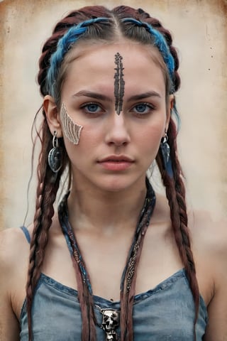 Extremely Realistic,  a photograph,  high quality cinematic still by quentin Tarantino. (Full body photograph:1.3): a stunning neo-tribal punk warrior cool beautiful girl, looking at viewer, ((chin_down, v-shaped_eyebrows, white_skin, ear_piercing, blue_eyes, make-up, twin_braids, parted_lips, tribal, multicolored_hair, portrait, dreadlocks, native_american, dark-skinned_female, jewelry, eyeliner, rope, long_hair, looking_at_viewer, facial_mark, facepaint, earrings, hair_behind_ear, beads, necklace, skull_necklace, tattoo)), trending on artstation, anime render, powerful attitude, kawaii fashionista, ultra realistic, high. vintage polaroid aesthetic,  grainy,  noisy,  gritty,  grunge,  80s rock vibe. Extremely Realistic, photo r3al, r4w photo, vintagepaper, old style,old style,vintagepaper