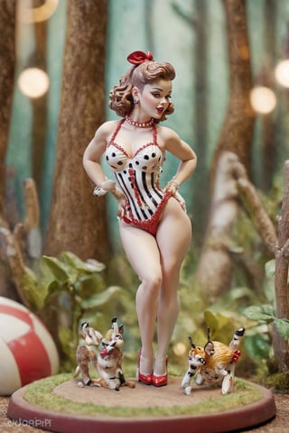Insanely detailed and realistic porcelain figurine. Hand painted miniature of sexy pin-up cabaret girl, 1900s style.  (full body:1.3). Enchanted forest. Dynamic pose. Anatomically correct, 16k resolution. Museum collection masterpiece, realistic Tilt shift effect photograph, 3D Chibi Figure,photo r3al