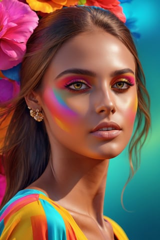 young and beautiful girl in a colorful world, walking gracefully. Every detail of the girl's face is meticulously portrayed, creating an incredibly lifelike depiction, rendered with astonishing 16k resolution, 3d render