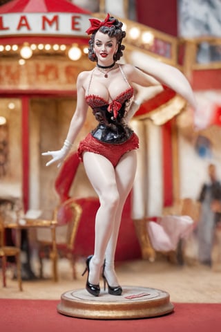 Insanely detailed and realistic porcelain figurine. Hand painted miniature of a sexy pin-up, cabaret girl, 1900s style. (full body:1.3), moulin rouge diorama. Dynamic pose. Anatomically correct, 16k resolution. Museum collection masterpiece, realistic Tilt shift effect photograph, photo r3al