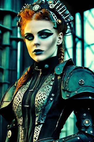 In a neo-gothic steampunk, retro-futuristic dystopian fashion shot, the sharp focus highlights the unique character of celluloid film, with its film grain adding a touch of vintage charm. This photo showcases a close-up side portrait of a beautiful girl in a dystopian cityscape. She is adorned in a steampunk-inspired outfit, featuring intricate gears, cogs, and retro-futuristic elements, exuding a blend of neo-gothic elegance and cyberpunk aesthetics. The high neckline, puffed sleeves, and mechanical accents enhance the dress's femininity, while the dark color palette and industrial silhouette evoke a sense of dark, futuristic beauty in a dystopian world.

The flickering neon lights in the cityscape delicately illuminate the girl's face, emphasizing her natural beauty. She wears minimal makeup, allowing her detailed face and eyes to take center stage. Her very thin eyebrows frame her pale skin, which possesses a textured and slightly oiled shine, adding a subtle allure. The skin exhibits intricate details, including visible pores, light freckles, and a fine layer of skin fuzz. Imperfections such as skin blemishes, mechanical enhancements, and minor skin imperfections lend an authentic touch to her complexion in this dystopian era.

The focus on her eyes is captivating, with the round iris displaying remarkable detail. Neon reflections dance in her eyes, accentuating the visible cornea and highly detailed iris. Tiny mechanical components delicately trace their paths, showcasing the intricacy of her gaze. The girl's pupils, with their unique cybernetic characteristics, draw viewers into her captivating gaze, blending neo-gothic steampunk aesthetics with retro-futuristic dystopian allure.,Vampirella