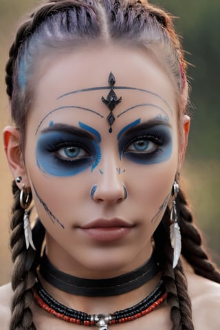 Extremely realistic, Create a photograph in a Gothic, Dark & Sinister, (upper body photograph:1.3) a stunning neo-tribal punk warrior cool beautiful girl, looking at viewer, ((chin_down, v-shaped_eyebrows, white_skin, ear_piercing, blue_eyes, make-up, twin_braids, parted_lips, tribal, multicolored_hair, portrait, dreadlocks, native_american, dark-skinned_female, jewelry, eyeliner, rope, long_hair, looking_at_viewer, facial_mark, facepaint, earrings, hair_behind_ear, beads, necklace, skull_necklace, tattoo)), trending on artstation, anime render, powerful attitude, kawaii fashionista, ultra realistic, high. photo R3al, ,Magical Fantasy style,monster