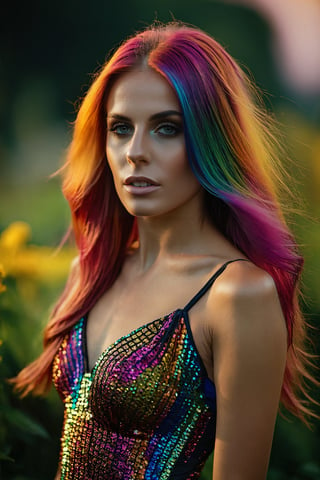 (ultra realistic photograph:1.3), (matte skin texture:1.3), young and beautiful girl in a (setting  is a colorful garden:1.3) (rainbow colored hair:1.3), (rainbow colored dress:1.3), walking gracefully. Every detail of the girl's face is meticulously portrayed, creating an incredibly lifelike depiction, rendered with astonishing 16k resolution.Taken with a Hasselblad H6D-400c MS. Zeiss Otus 70mm lens. ARRI SkyPanels continuous LED lighting. Profoto D2 strobes. High-End Computer Post-Processing. 
 Adobe Photoshop and Lightroom for precise adjustments, retouching, and color grading.,Magical Fantasy style,Landskaper