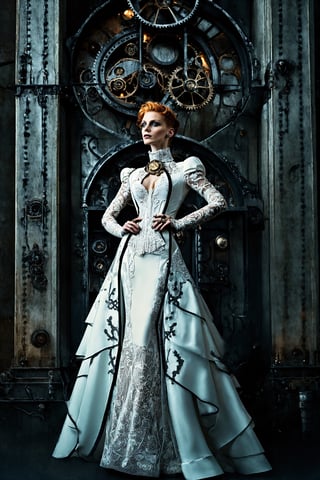 (((Upper body photograph:1.4))) In a neo-gothic steampunk, retro-futuristic dystopian fashion shot, a woman, 25 years old, stands amidst the dimly lit chaos of the dystopian cityscape. She's dressed in an impeccable white gown with lace, delicate embroidery, and intricate patterns, a stark contrast to the mechanical and industrial surroundings. The high neckline and puffed sleeves of her dress add an air of elegance, while the dress's overall design integrates seamlessly with her steampunk-inspired accessories, adorned with gears and cogs.

she stands as a beacon of delicate beauty and femininity, a symbol of hope and resilience in this retro-futuristic dystopia.