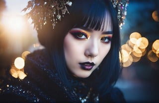 woman, half goth, half kawaii, exotic realism, hyper ornate details, bokeh, light leaks, lens flares, low key photograph, backlighting.  