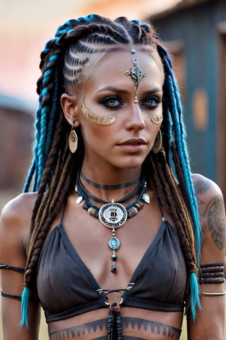 Extremely realistic, (upper body photograph:1.4) of a stunning neo-tribal punk warrior cool beautiful girl, looking at viewer, ((chin_down, v-shaped_eyebrows, white_skin, ear_piercing, blue_eyes, make-up, twin_braids, parted_lips, tribal, multicolored_hair, portrait, dreadlocks, native_american, dark-skinned_female, jewelry, eyeliner, rope, long_hair, looking_at_viewer, facial_mark, facepaint, earrings, hair_behind_ear, beads, necklace, skull_necklace, tattoo)), trending on artstation, anime render, powerful attitude, kawaii fashionista, ultra realistic, HZ Steampunk, steampunk style