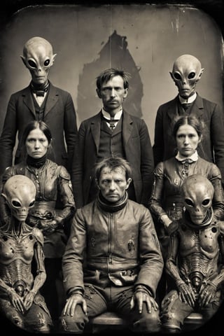 extremely realistic, collodion-styled photograph of an expedition group showing strange alien artifacts, sharp focus, flaws, victorian, dark, moody, serious face, tattered, damaged and aged photo, cyberpunk style, detailmaster2,Extremely Realistic