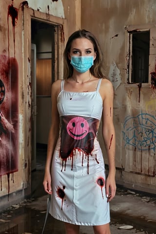 Extremely realistic, (upper body photograph:1.3) bloody nurse, normal face (((wearing a surgical mask with a creepy smiley face printed on it:1.3))), at an abandoned an ruined hospital, rusty walls covered in blood, dark, dingy, depressive, nightmare,photo r3al,Magical Fantasy style,inst4 style,darkart,monster