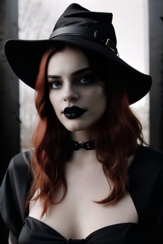 A Photograph of a dark and sinister better witch, with red eyes and red hair, holding a staff, wearing a black dress and witch hat. Realism style, enhance the sinister elements.Realism,Enhance,wo_g0rg301