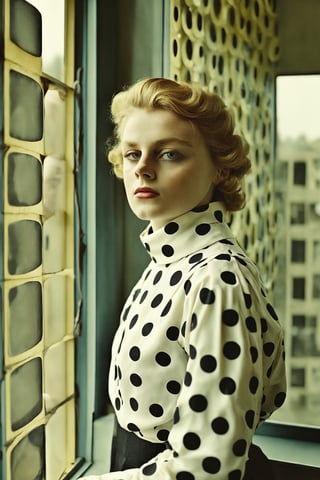 In a 1960s-inspired fashion shot captured with a pictorialist style, the sharp focus emphasizes the distinctive character of celluloid film, showcasing its film grain for a touch of vintage charm. girl looks out of a window, in the style of conceptual light sculptures, polka dots, imaginative prison scenes, fashion photography, opaque resin panels, luminous shadows, close-up