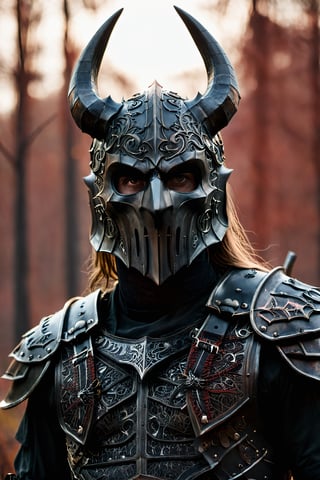extremely realistic, (upper body photograph:1.4) Chernobog the king of the dark, wearing a black intricately detailed armor with chiseled micro details. Wearing a great helm wits a black metal carved and chiseled mask resembling death. Red eyes behind the mask. Slavic Folk, a background of [Malevolent Skies, Dark Forests.], in the colors [Ominous Reds] and [Eerie Greens.], immersive, blending shadowy allure with mythical narratives, expansive, otherworldly atmospheric, visually captivating, in the style [Malevolent Realism and Gothic Fantasy]. ,Extremely Realistic,Cinematic ,Landskaper
