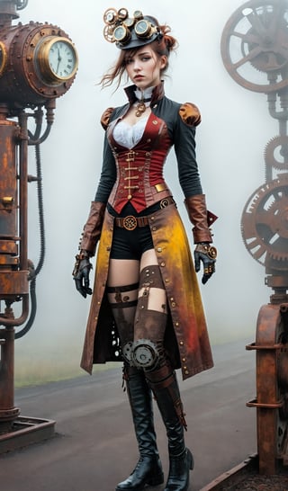 [cyborg girl], steampunk illustration, amidst fog with brass accents, [ombre red] and [rusted yellow] Highlights, mysterious, industrial aesthetics, time-honored charm
