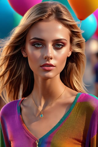 (ultra realistic photograph:1.3), young and beautiful girl in a colorful world, walking gracefully. Every detail of the girl's face is meticulously portrayed, creating an incredibly lifelike depiction, rendered with astonishing 16k resolution, 3d render
