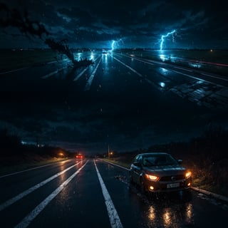 action scene, car chased by tornado, hurricane, flying debris, flying small piece of woods scattered around, broken house, car on road, highway, raining storm, strong wind, masterpiece, realistic, highres, dark atmosphere, dark sky,