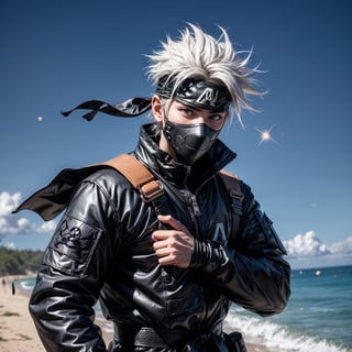 (masterpiece), full_body, 1man, spiky hair, white hair, wearing tight tactical ninja flak jacket, leather tactical ninja full mouth mask, leather gloves, and his (((tactical headband with a letter ("A") symbol))), scenery, (at beach background), sparkle, Kakashi Hatake