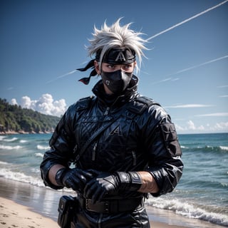 (masterpiece), full_body,1man, spiky hair, white hair, wearing fit tactical ninja flak jacket, leather tactical ninja full mouth mask, leather gloves, and his (((tactical headband with a letter ("A") symbol))), scenery, (at beach background), sparkle, Kakashi Hatake