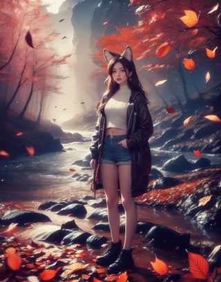 half_body, Masterpiece, 8K resolution, hyper-realistic, raw photo aesthetic. vintage style, A young woman with a fox ears and soft smile, short, wavy dark brown hair, and detailed brown eyes with small earrings. Her features are flawlessly beautiful, with subtle, jacket and blue shorts enhancements. (((She stands beside river))) in forest at dark night, colorful (autumn leaves:1.0) falling around her.,ABMautumnleaf,neon background