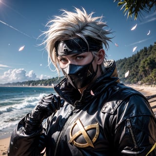 (masterpiece), 1man, spiky hair, white hair, wearing bodyfit tactical ninja flak jacket, leather tactical ninja full mouth mask, leather gloves, and his (((tactical headband with a letter ("A") symbol))), scenery, (at beach background), flying flowers petals, sparkle, Kakashi Hatake