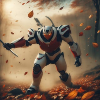 realistic image, vintage style picture, full body, 1man, dinamic_pose, intricate cyber mecha ninja steel armour, white mecha armor, masked, mecha suit, holding a sword, fighting stance pose, autumn leaf drop to the ground, seround by mist, gritty, dusty, fantastical, photohyperrealistic, highly detailed, hyper realistic, with dramatic polarizing filter, sharp focus, HDR, UHD, 64K, 16mm, color graded portra 400 film, remarkable color, ultra realistic,,ABMautumnleaf