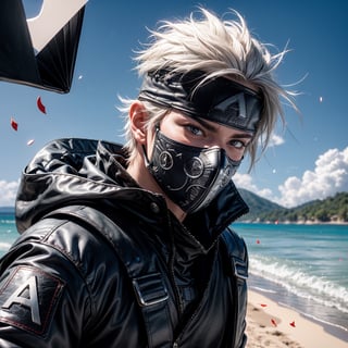 (masterpiece), 1man, spiky hair, white hair, wearing tight tactical ninja flak jacket, leather tactical ninja full mouth mask, leather gloves, and his (((tactical headband with a letter ("A") symbol))), scenery, (at beach background), flying flowers petals, sparkle, Kakashi Hatake