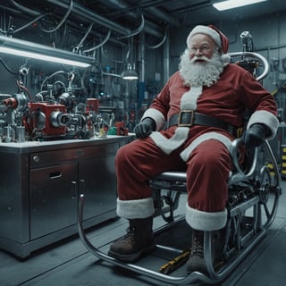 (masterpiece, best quality, high_res, realistic, epic), Santa Claus is an inventor, (((dressed in a mechanic suit))), in a lab he designing a high-tech (((santa sled))), action_pose,

,Movie Still