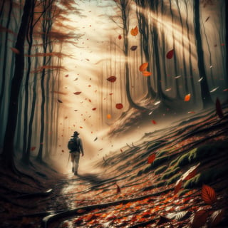 realistic image, vintage style picture, full body, 1man, dinamic_pose, handsome guy walking in forest, autumn leaf drop to the ground, seround by mist, gritty, dusty, fantastical, photohyperrealistic, highly detailed, hyper realistic, with dramatic polarizing filter, sharp focus, HDR, UHD, 64K, 16mm, color graded portra 400 film, remarkable color, ultra realistic,,ABMautumnleaf,Extremely Realistic