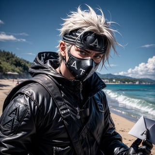 (masterpiece), 1man, spiky hair, white hair, wearing tight tactical ninja flak jacket, leather tactical ninja full mouth mask, leather gloves, and his (((tactical headband with a letter ("A") symbol))), scenery, (at beach background), sparkle, Kakashi Hatake