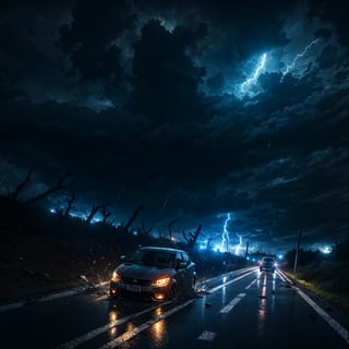 action scene, car chased by, tornado, hurricane, flying debris, flying small piece of woods scattered around, broken house, car on road, highway, raining storm, strong wind, masterpiece, realistic, highres, dark atmosphere, dark sky,DonMl1ghtning