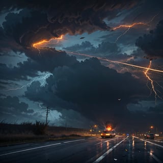 action scene, car chased by hurricane tornado, flying debris, flying small piece of wood scattered around, broken house, car on road, highway, hurricane, heavy rain, strong wind, masterpiece, realistic, highres, dark atmosphere, dark sky,