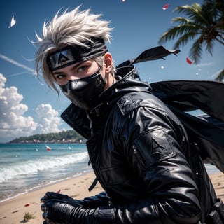 (masterpiece), 1man, spiky hair, white hair, wearing tight tactical ninja flak jacket, leather tactical ninja full mouth mask, leather gloves, and his (((tactical headband with a letter ("A") symbol))), scenery, (at beach background), flying flowers petals, sparkle, Kakashi Hatake