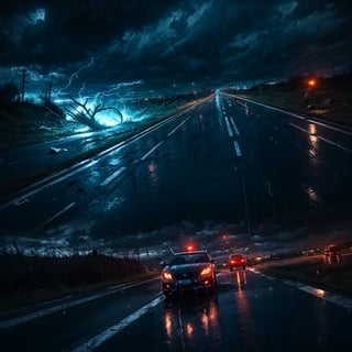 action scene, car chased by tornado, hurricane, flying debris, flying small piece of woods scattered around, broken house, car on road, highway, raining storm, strong wind, masterpiece, realistic, highres, dark atmosphere, dark sky,