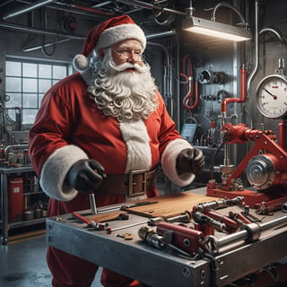(masterpiece, best quality, high_res, realistic, epic), Santa Claus is an inventor, (((dressed in a mechanic suit))), in a lab he designing a high-tech santa sled, action_pose,

