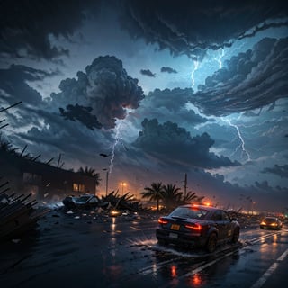 action scene, car chased by hurricane tornado, flying debris, flying small piece of wood scattered around, broken house, car on road, highway, hurricane, heavy rain, strong wind, masterpiece, realistic, highres, dark atmosphere, dark sky,