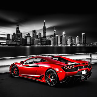Selective color photography of a (red supercar) against a black and white city landscape backdrop, professional shot, imagination dreamlike art, hypervivid, perfect composition, high contrast, ultra detailed, ultra realistic, sharp focus, HDR, 64K, remarkable color, cinematic, atmospheric,
