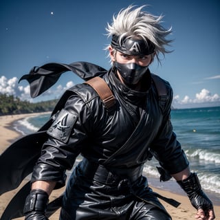 (masterpiece), full_body, 1man, spiky hair, white hair, wearing tight tactical ninja flak jacket, leather tactical ninja full mouth mask, leather gloves, and his (((tactical headband with a letter ("A") symbol))), scenery, (at beach background), sparkle, Kakashi Hatake