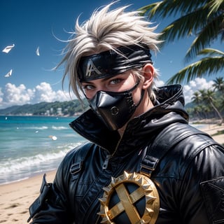 (masterpiece), 1man, spiky hair, white hair, wearing bodyfit tactical ninja flak jacket, leather tactical ninja full mouth mask, leather gloves, and his (((tactical headband with a letter ("A") symbol))), scenery, (at beach background), flying flowers petals, sparkle, Kakashi Hatake