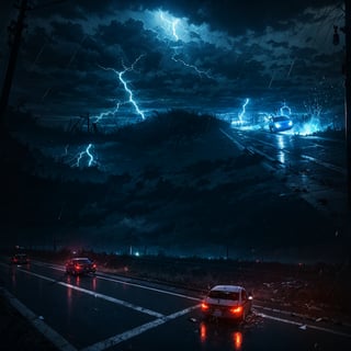 action scene, car chased by tornado, hurricane, flying debris, flying small piece of woods scattered around, broken house, car on road, highway, raining storm, strong wind, masterpiece, realistic, highres, dark atmosphere, dark sky,