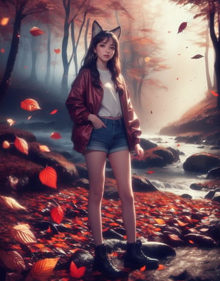 half_body, Masterpiece, 8K resolution, hyper-realistic, raw photo aesthetic. vintage style, A young woman with a fox ears and soft smile, short, wavy dark brown hair, and detailed brown eyes with small earrings. Her features are flawlessly beautiful, with subtle, jacket and blue shorts enhancements. (((She stands beside river))) in forest at dark night, colorful (autumn leaves falling around her:1.2), dinamic_pose, ABMautumnleaf,neon background