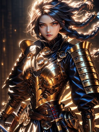 A stunning steampunk samurai woman stands proudly against a darkened backdrop, her multicolor hair styled in intricate braids and adorned with gleaming metallic accents. She wears a ornate steampunk armor set, complete with brass plating and glowing blue circuitry, as she holds a intricately detailed katana at her side. Studio lighting casts dramatic shadows on her features, highlighting her striking gaze and sharp jawline. The image is a masterpiece of detail and realism, with textures so sharp they appear almost three-dimensional.