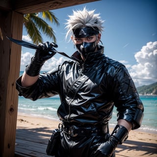 (masterpiece), full_body,1man, spiky hair, white hair, wearing fit tactical ninja flak jacket, leather tactical ninja full mouth mask, leather gloves, and his (((tactical headband with a letter ("A") symbol))), scenery, (at beach background), sparkle, Kakashi Hatake