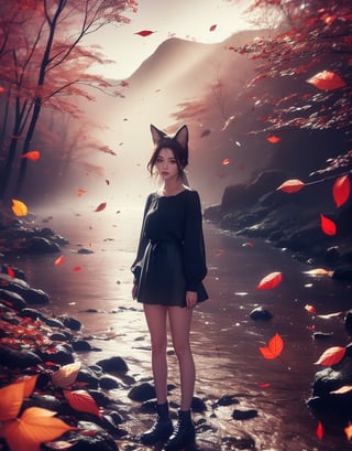 half_body, Masterpiece, 8K resolution, hyper-realistic, raw photo aesthetic. vintage style, A young woman with a fox ears and soft smile, short, wavy dark brown hair, and detailed brown eyes with small earrings. Her features are flawlessly beautiful, with subtle, casual dress enhancements. (((She stands beside river))) in forest at dark night, colorful (autumn leaves:1.0) falling around her.,ABMautumnleaf,neon background