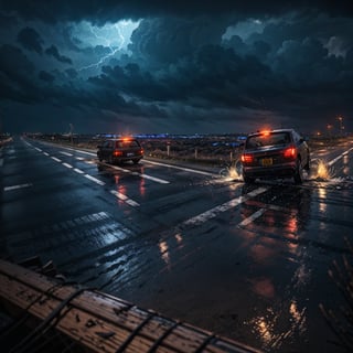 action scene, car chased by tornado, hurricane, flying debris, flying small piece of woods scattered around, broken house, car on road, highway, raining storm, strong wind, masterpiece, realistic, highres, dark atmosphere, dark sky,