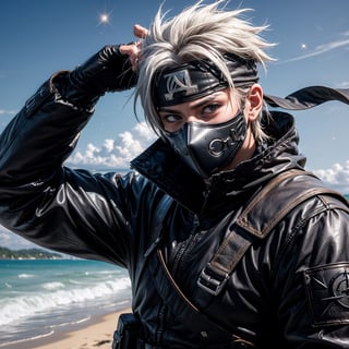 (masterpiece), 1man, spiky hair, white hair, wearing tight tactical ninja flak jacket, leather tactical ninja full mouth mask, leather gloves, and his (((tactical headband with a letter ("A") symbol))), scenery, (at beach background), sparkle, Kakashi Hatake